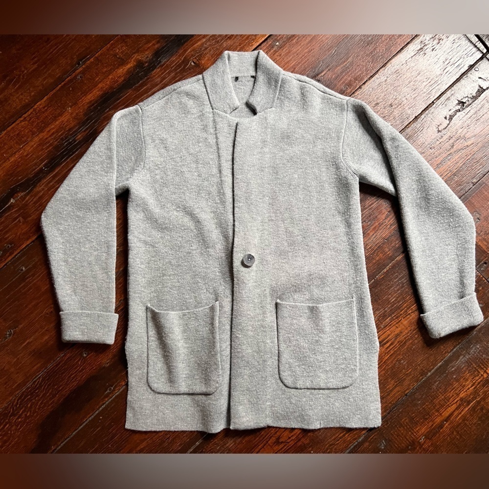 Talbots open front sweater long line gray front pockets one button size large